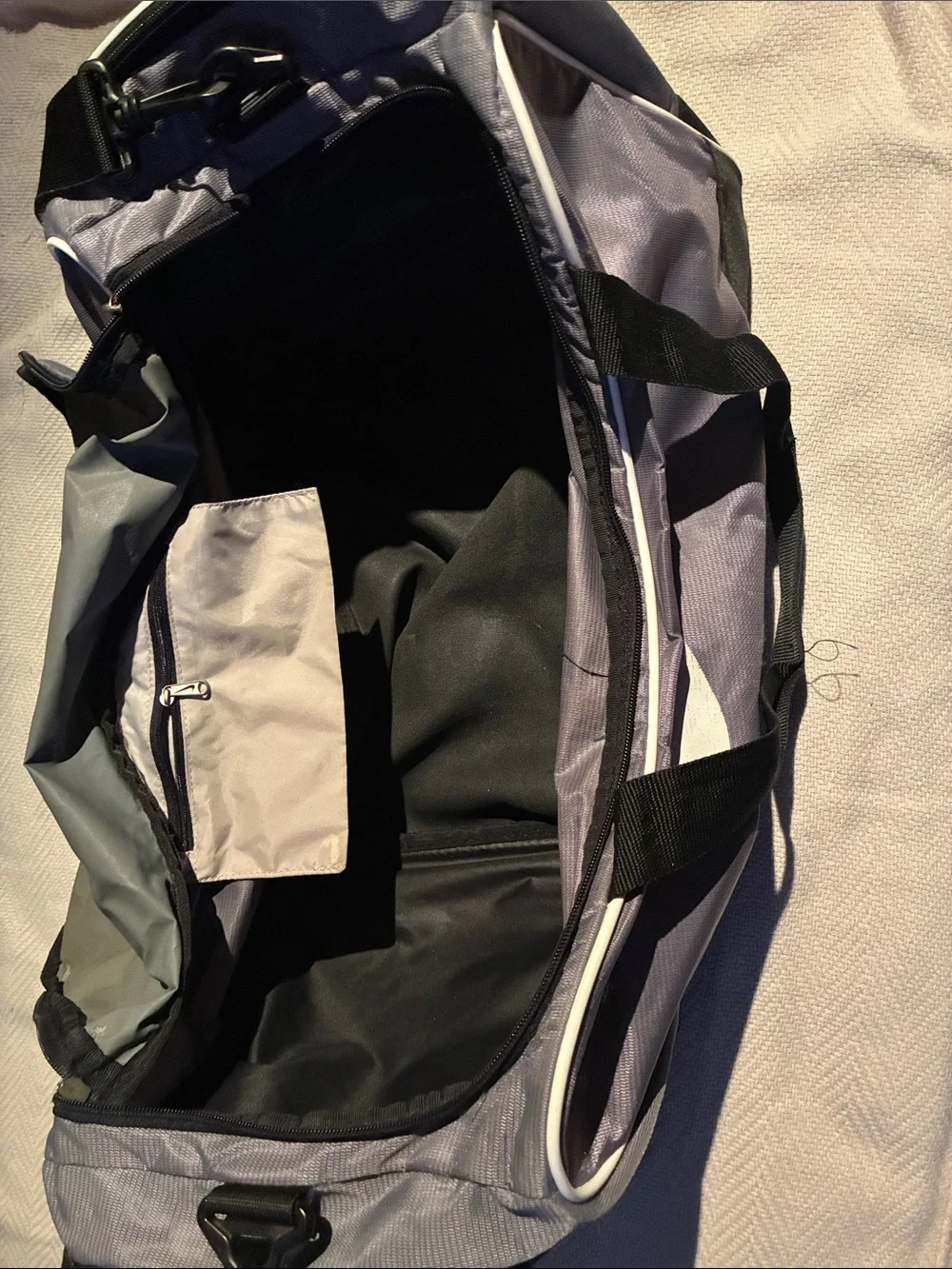 Nike Gray Duffel Bag with White Swoosh
